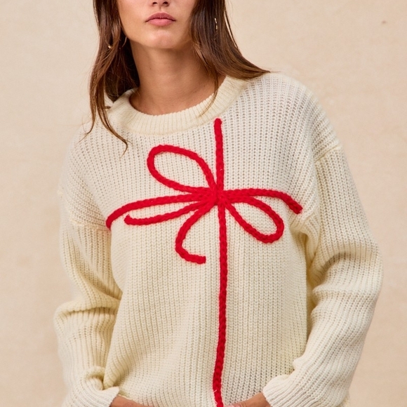 BiBi Cream Sweater with Red Bow Detail
